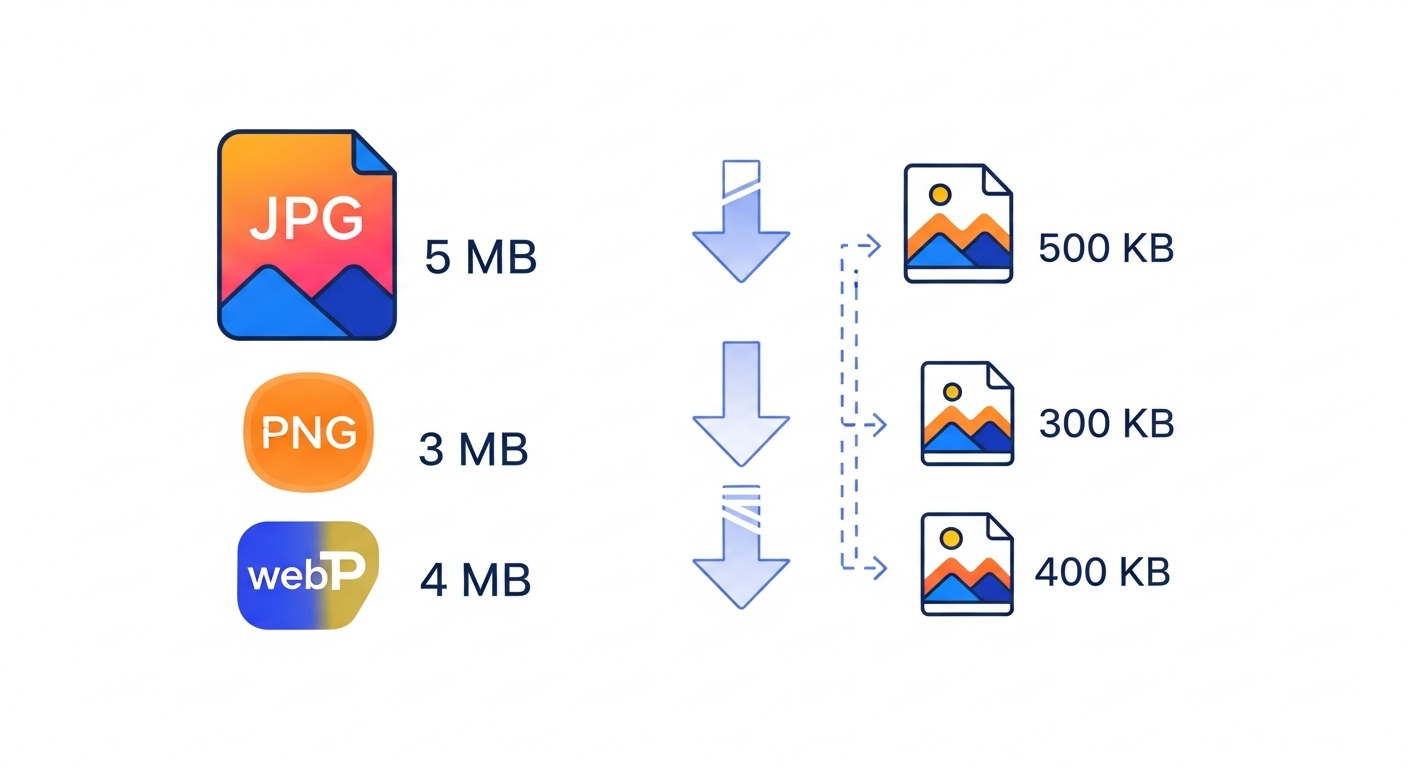 Comprehensive guide showing image compression concept with before and after file size comparison and various image formats