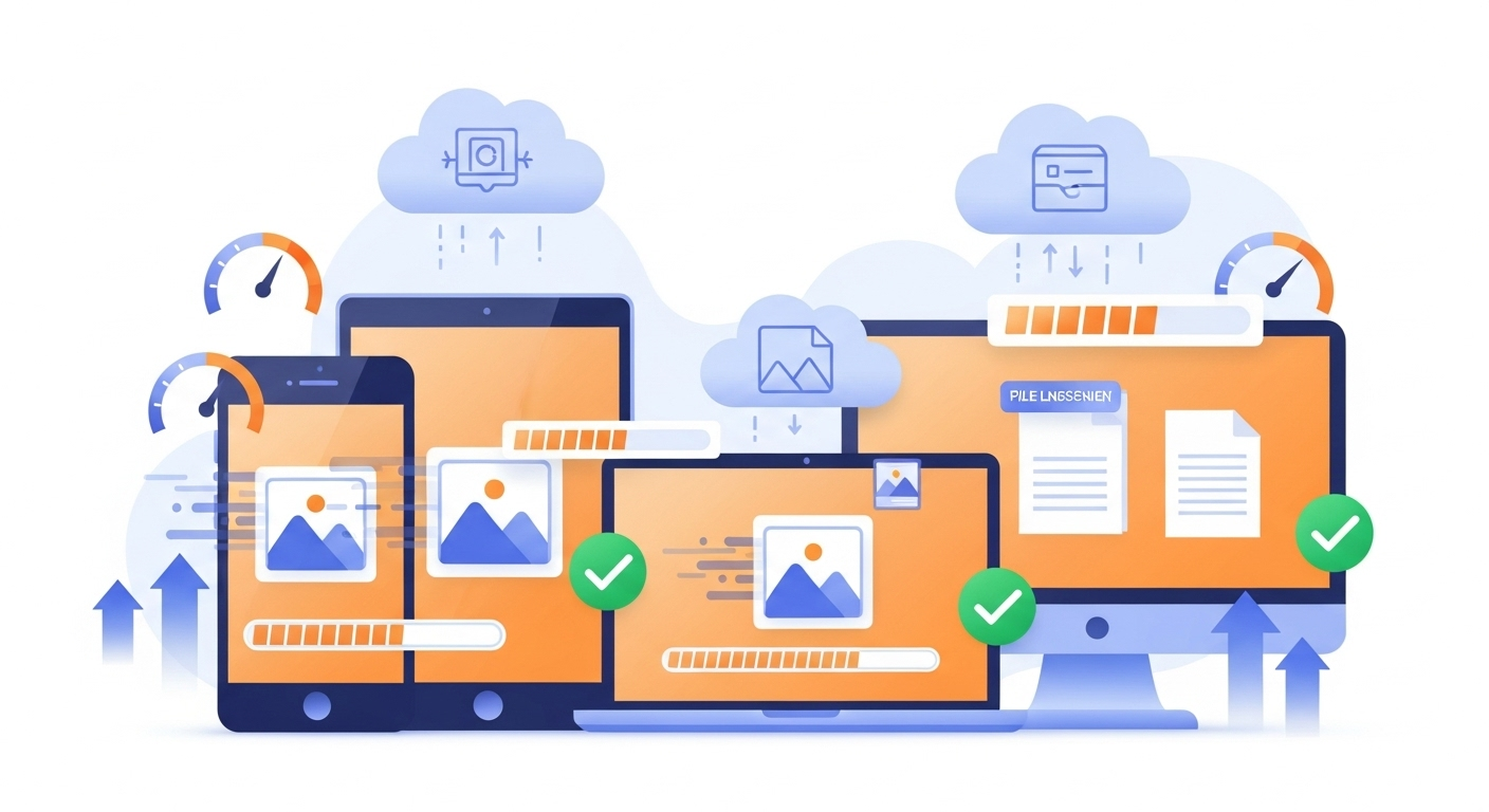 Benefits of online image compression showing faster loading on multiple devices with optimization indicators and user-friendly interface elements